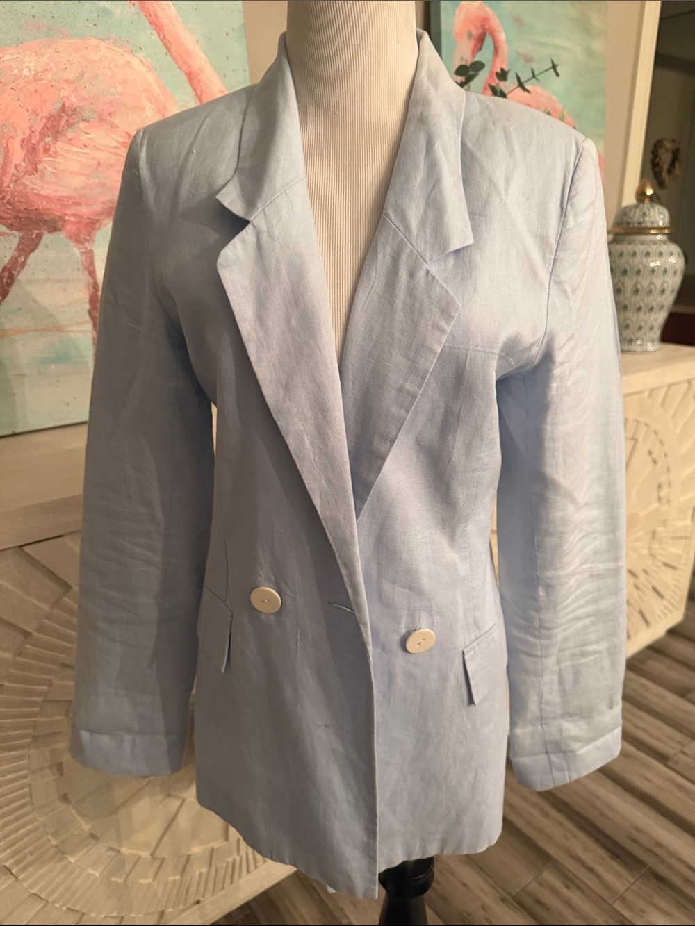 Light Blue Double-Breasted Linen-Blend Blazer
